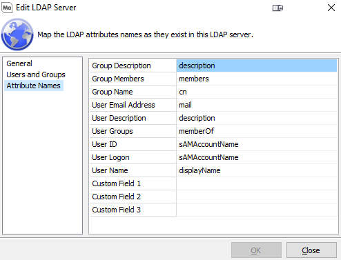 Edit LDAP Server dialog, Attribute Names screen.  Available fields include Group Description, Group Members, Group Name, user email address, user description, user groups, user ID, user logon, user name, and custom fields 1-3.